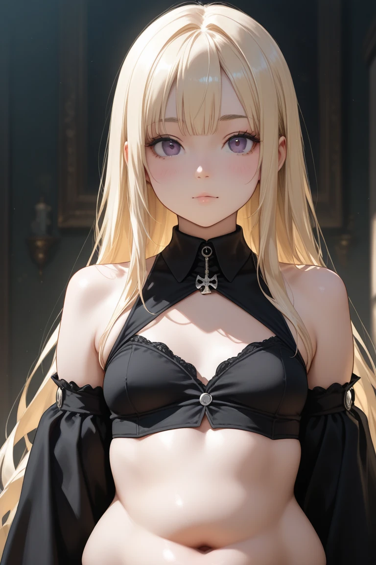 DarknessLora, blonde hair, red eyes, very long hair, horns, claws, choker, hair intakes, loincloth, ((child:1)), ((close-up:1.2))