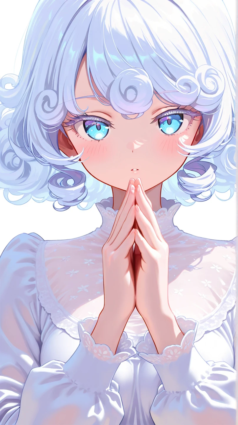1 girl, looking at viewer, fluffy curly hair, white hair, white background, detailed iris, light blue eyes, wearing a white dress with long sleeves, best quality, masterpiece, portrait, praying, aesthetic, high resolution, ultrasharp, 8K, masterpiece, 