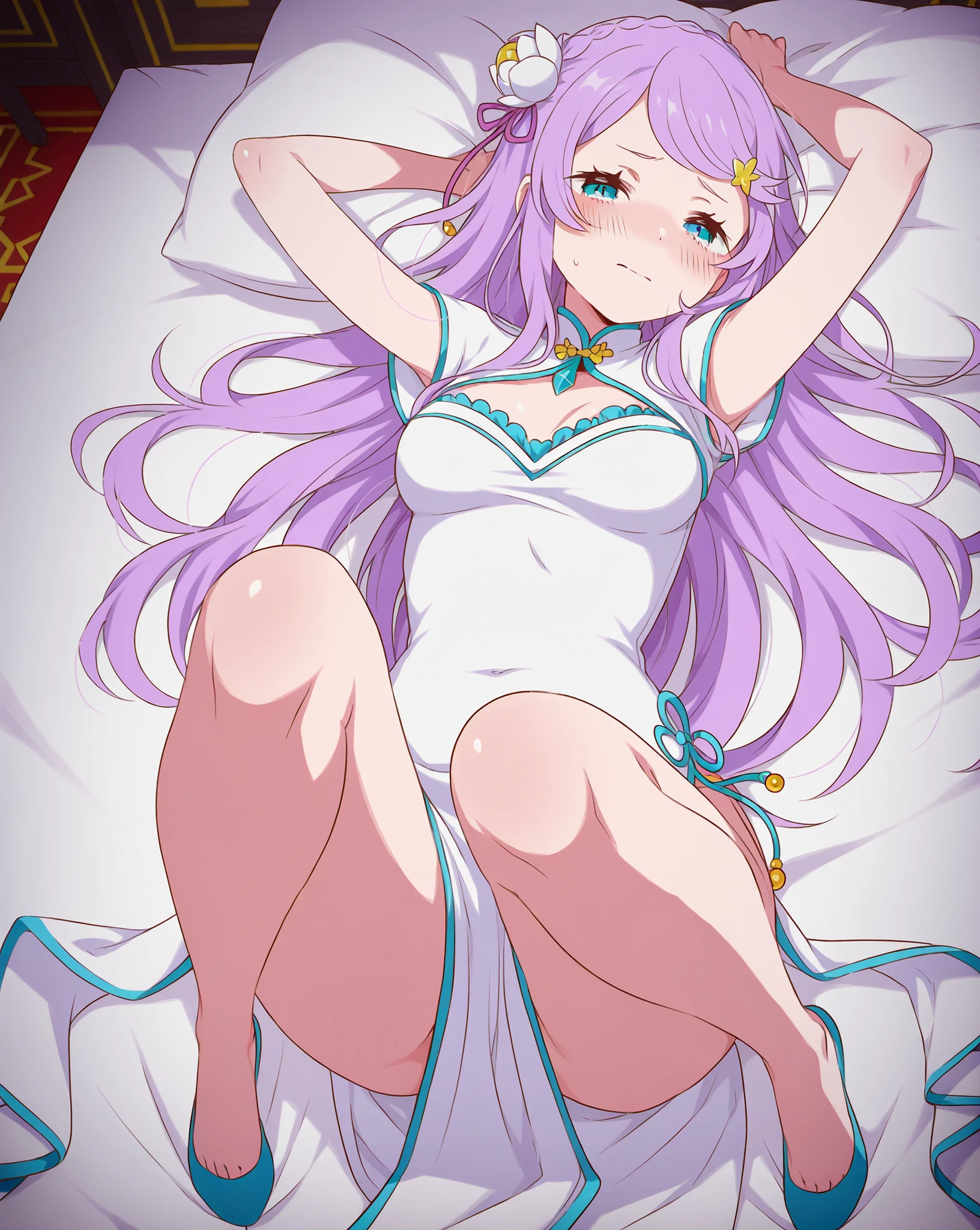 Sexy Anastasia hoshin from Re Zero, (from Re Zero head to toe full length look), in a seductive pose lying down, cross view, embarrassed face, lost glances, with very long hair , lying in a sexy position , Anastasia Hoshin's cheong-sam chinese outfit, eyes , deep exhalation, in a bedroom with white sheets