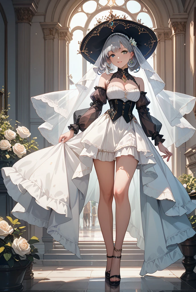 A girl，short hair, bangs, White hair, Hair between the eyes, Purple Eyes:（1.5),  (Large Breasts:1.2), 
rest clavicle, Wedding dress，Veil，wedding，White dress，Flowers，Broken skirt，White socks，Tights，White knee socks，
looking at viewer, whole body,
indoors, church，Standing，Standing，
rest (masterpiece:1.2), best quality, high resolution, Unity 8k Wallpaper, (illustration:0.8), (Beautiful and delicate eyes:1.6), Extremely detailed face, Perfect lighting, Extremely detailed CG, (Perfect hands, Perfect anatomical structure),