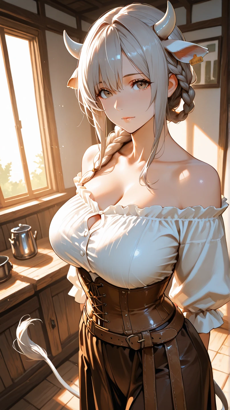 ray tracing, masterpiece, best quality, 1girl, blonde hair, green eyes, white shirt, cleavage, strapless, corset, beige frilled skirt, pointy ears, ponytail, huge breasts, tavern,