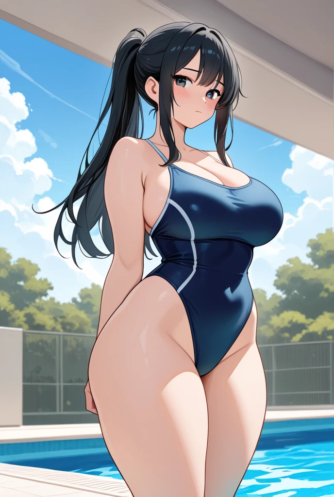 Anime girl in swimwear, Long ponytail brown hair girl, Brown Eyed Girl, Wearing swimwear, Wear swimwear, Anime Moe Art Style, Swimwear, solo, Female focus, One piece swimwear, Enchanting Anime Girls, clothing:High Cut Swimwear, Made by Anime Artist Studio, Dark blue high leg racing swimsuit with white lines, Big Breasts, had very large breasts, Muscular and strong, Tattoo on the right shoulder, Dark blue high leg racing swimsuit with white lines, Tall Woman, Adult sex appeal, Competitive Swimwear, Wet Swimwear, zerochan art, A cool anime girl wearing a dark blue tank suit with white lines, High legレーシングスイムウェア, High legレーシングスイムスーツ, Strong muscles, High leg, Muscular Woman, Bare shoulders, bare legs, Competitive swimming swimwear, Female protagonist 👀 :8, Are standing,