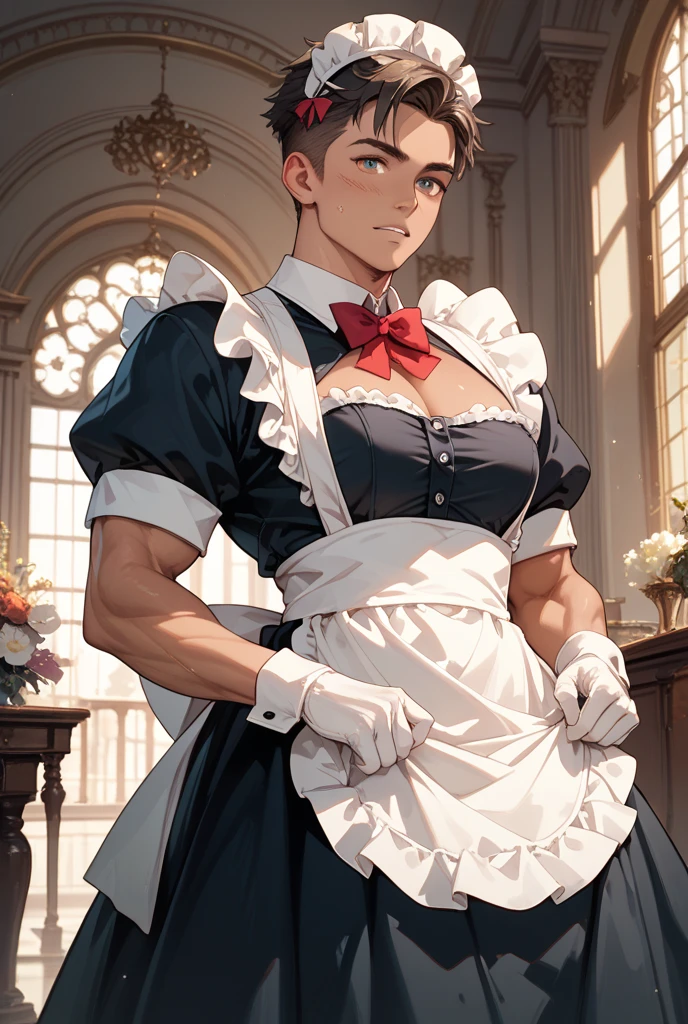 best quality, masterpiece, final fantasy 8, cosplay, squall leonhart, seifer almasy, medieval black and white maid outfit, blond hair, sexy, gay, homoerotic, big bulge, visible penis line, best view, perfect fingers, sweaty bodies, no watermark, no logo, no signature