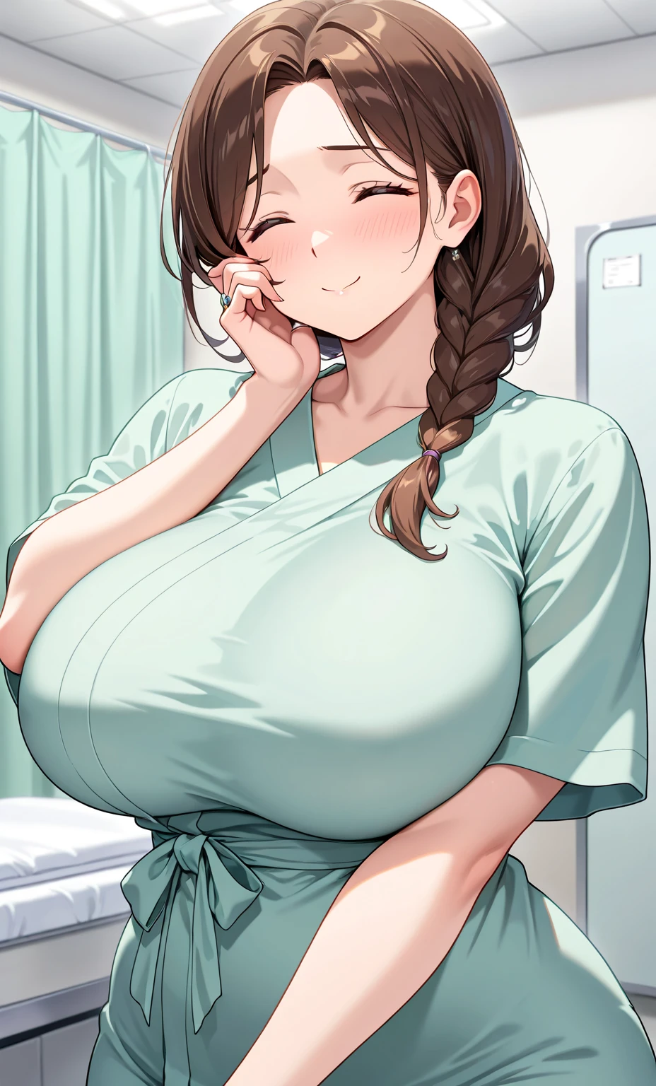 (Extremely detailed, In a cozy interior, Slightly fat, plumw, Bigchest, Gigantic big tits, Refined face, sexy for, Wearing a brown crewneck dress, Tight jumpdress, k hd, Close-up Shot Shot, photorealistic perfect body, very very very realistic), nsfw