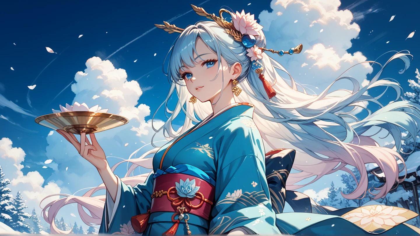 Mature girl, orange eyes, blue-white hair color, floating hair, delicate and flexible eyes, intricate damask hanfu, gorgeous accessories, wearing pearl earrings, fov, f/1.8, masterpiece, ancient Chinese architecture, blue sky, flower petals flying, front portrait shot, Chang'e, side lighting, sunlight on people, 8K