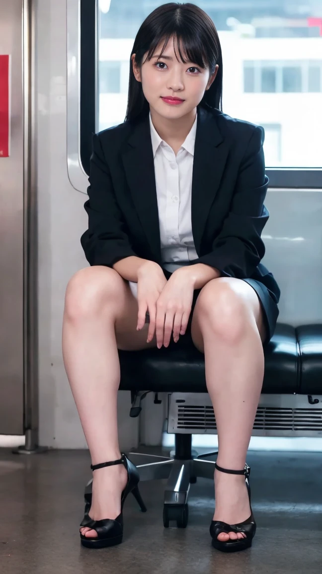 A Japanese Lady、beauitful face、二重まぶた、Big eyes、Long Black Hair、Black Suit、Micro shorts、beauty legs、Raw feet、pin heels、tall、model poses、cross one's legs、Black heels