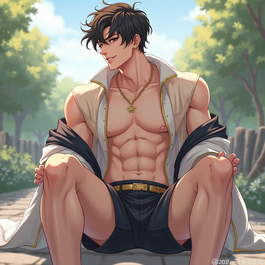 1boy,abs,bara,penis,bare pectorals,beard,bracelet,bulge,daisy,dark skin,earrings,facial hair,jewelry,large pectorals,lily \(flower\),male focus,male pubic hair,male underwear,muscular male,navel,necklace,nipples,pectorals,solo,stomach,thick thighs,thighs,toned,topless male,underwear,white flower,white rose,pink flower,orange flower,cloud,sitting,flower field,<lora:AnimeMaleB-CV0.1:1>,
