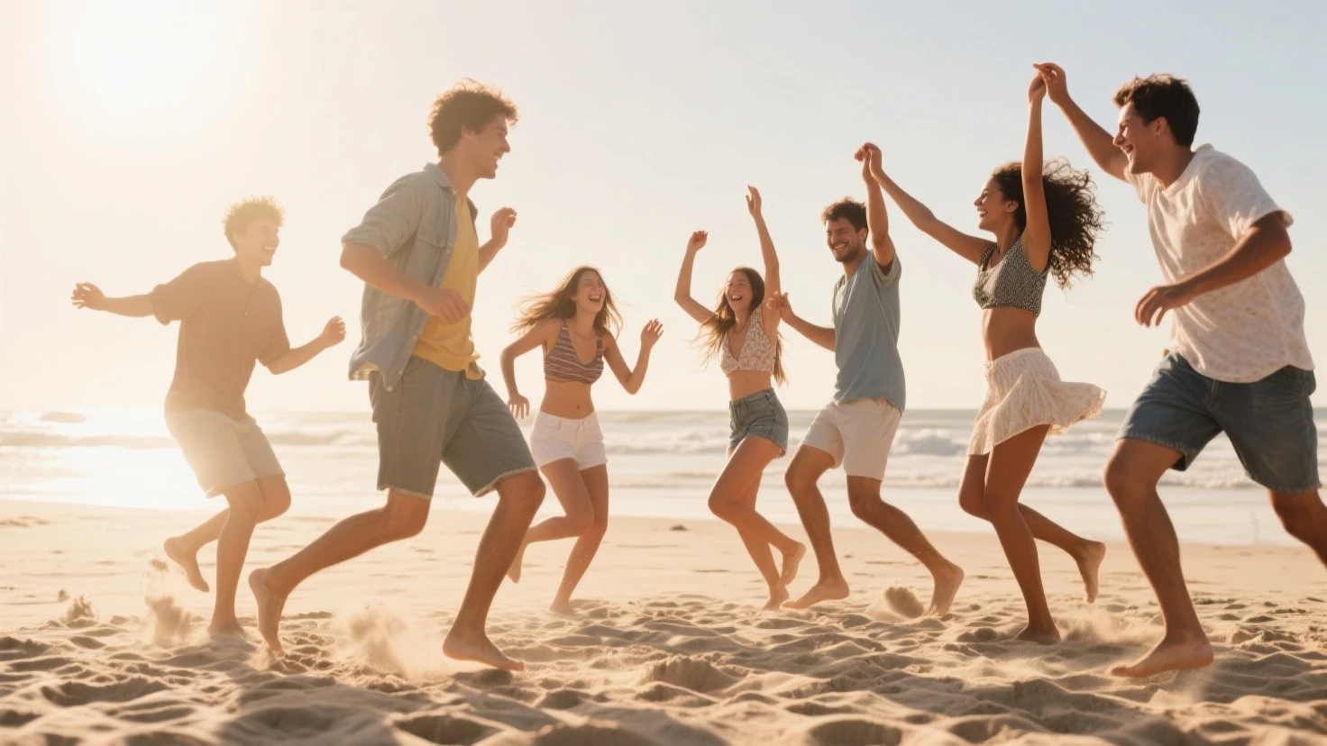 ultra-realistic photo, a group of people, 4 women and 5 men on the beach, near the shore are lined up and jump, move their arms as a sign of happiness and friendship, are facing those who take the photo --auto