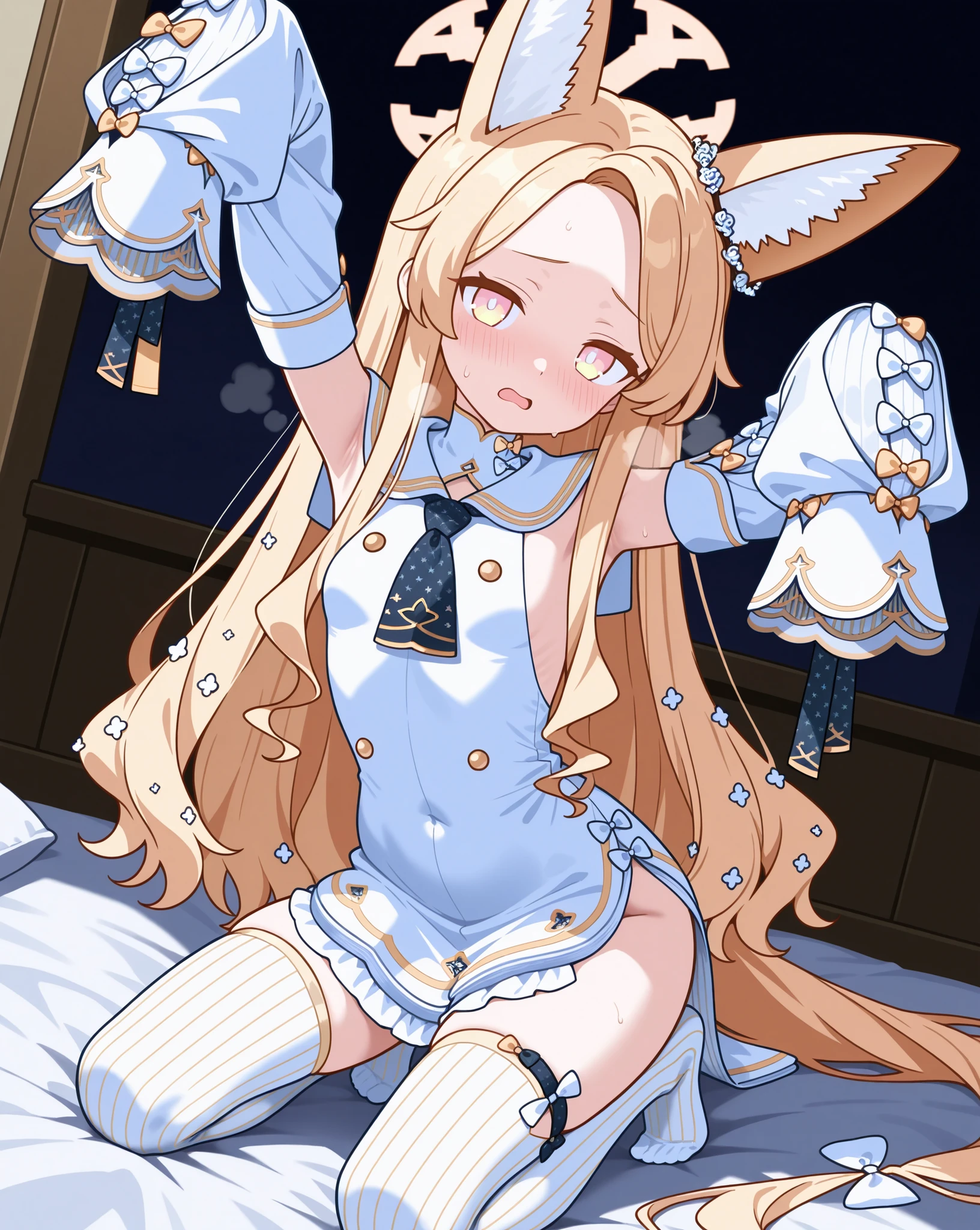 Blue Archive'den Yurizono Seia, very embarrassed, the face is reddened, deep breathing, open mouth, decorated with vivid white and black color scheme lines {x}, above the knee white socks, kneeling pose, dressed in white chinese outfit with black pattern, cool and fun atmosphere, diagonal shooting angle, clear focus on the character, anime illustration style, creates a calm and intimate atmosphere