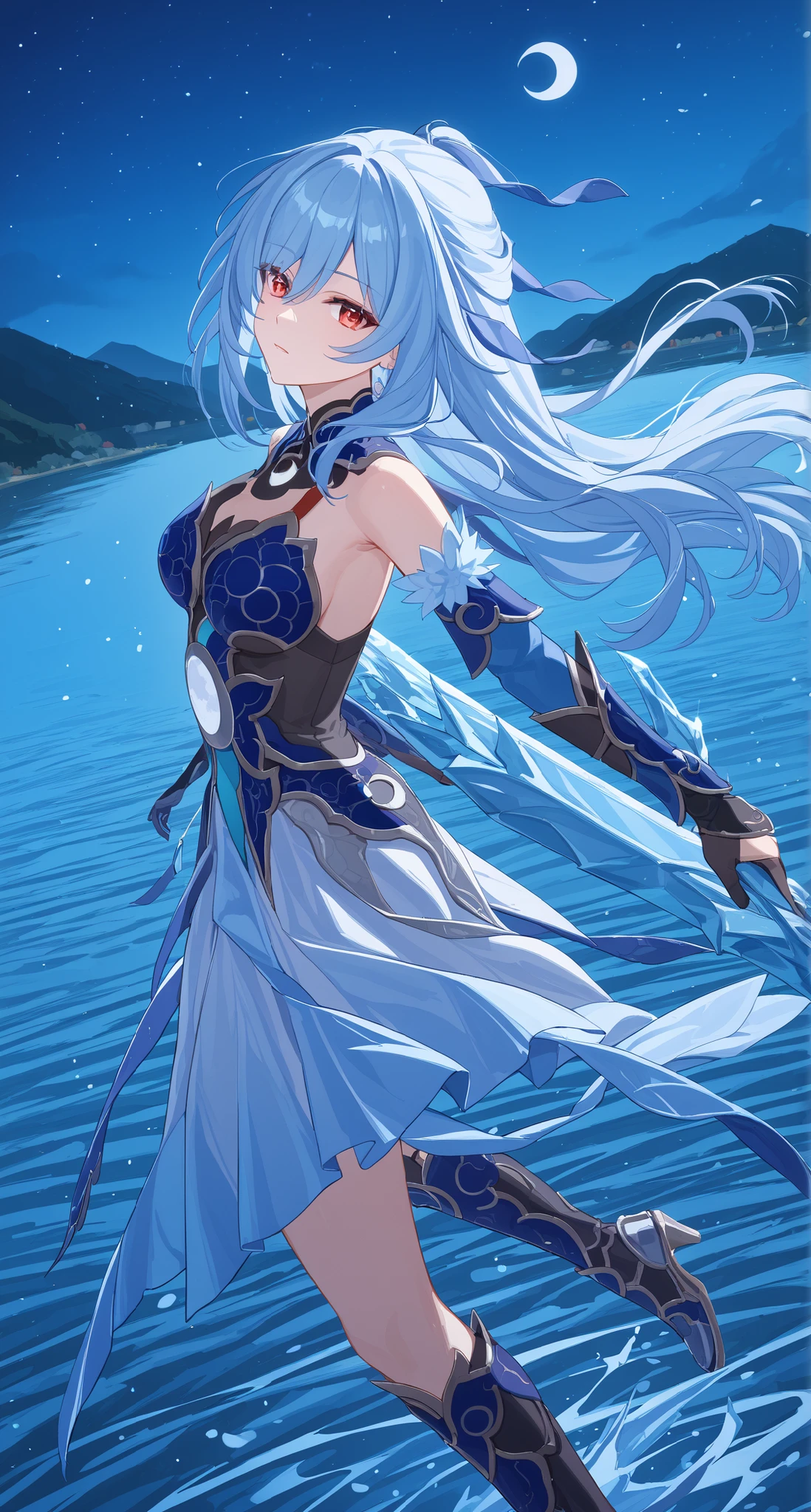 nsfw,Jingliu,glass cover,side shot,alternate color,masterpiece,detailed illustration,lifelike,{{{1Jingliu}}},shiny beautiful woman,cinematic lighting,dynamic angle,dynamic pose,depth of field,looking at viewer,1girl,jgsd,red eyes,blue armored dress,white skirt,tassels,hair ribbon,black gloves,blue sleeves,armored boots,light blue skirt,lake,night,crescent moon,holding an Ice Sword,expressionless,jumping,floating in the air,arched back,open legs