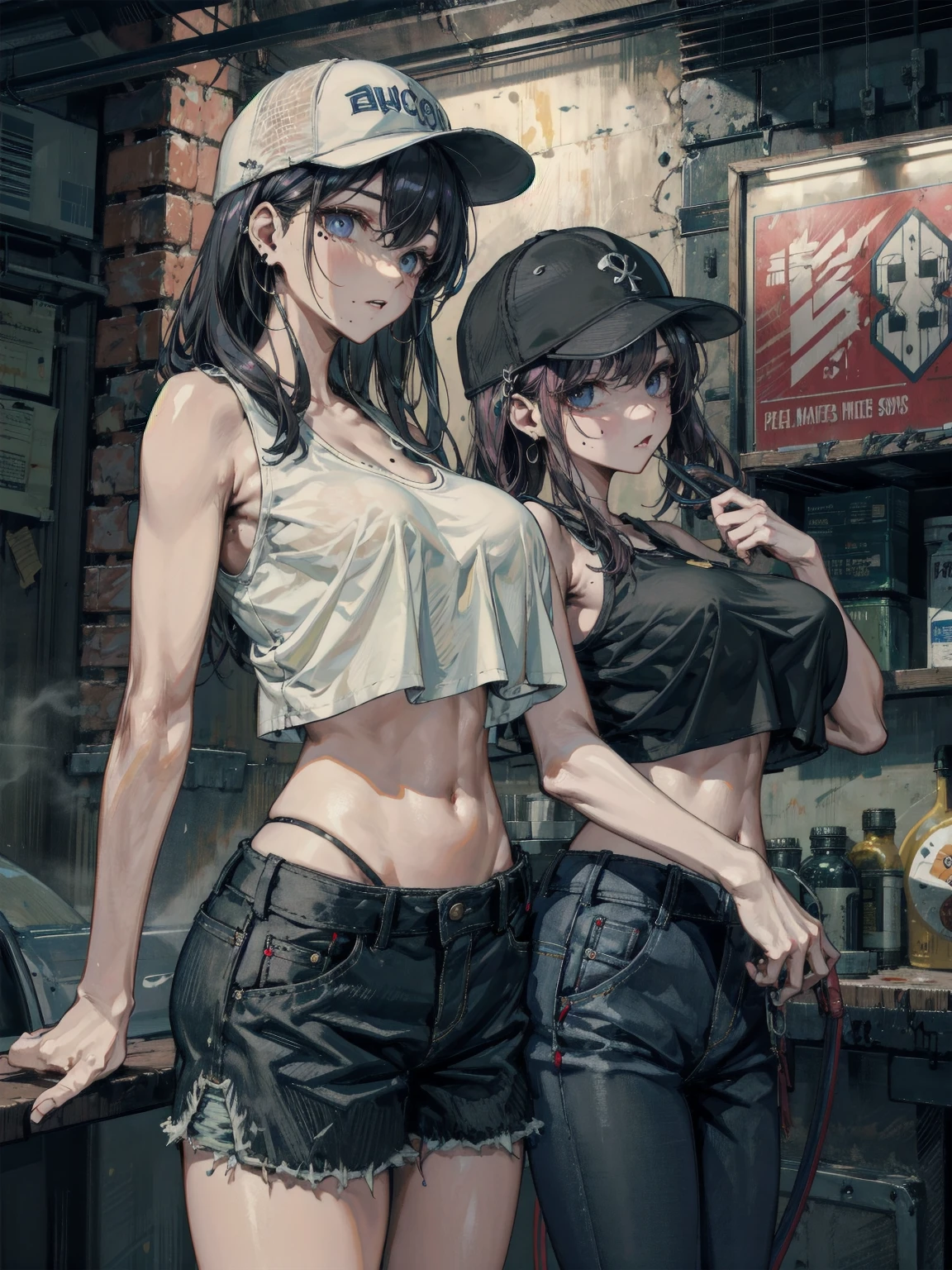 PictomancerFFXIV, 1girl, solo, short hair, open mouth, simple background, gloves, hat, white background, navel, jewelry, jacket, full body, black pony tail and braids hair, boots, midriff, belt, pants, fingerless gloves, necklace, paintbrush, paint drip, paint splash, paint splatter, masterpiece, best quality , official art ,