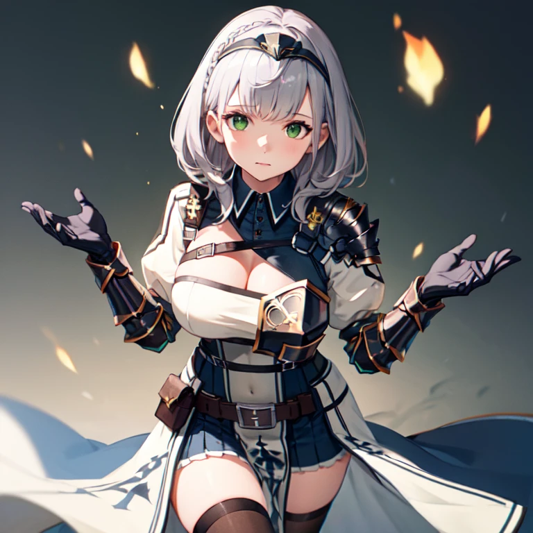 super high quality, girl, とてもshort hair, long bangs between the eyes, very detailed,(masterpiece、highest quality)、alone、dark gray, silver hair, gray eyes, beautiful eyes,、short hair,blue sky , sunlight,fantasylandscape,In combat、wizard