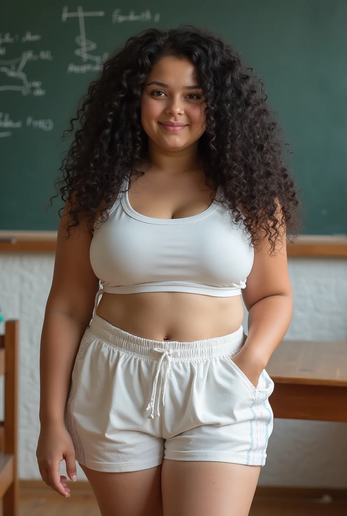 shirtlift Latina, curly hair, hoop earrings, white sweater, big tits, sitting in desk, classroom chilloutmix style