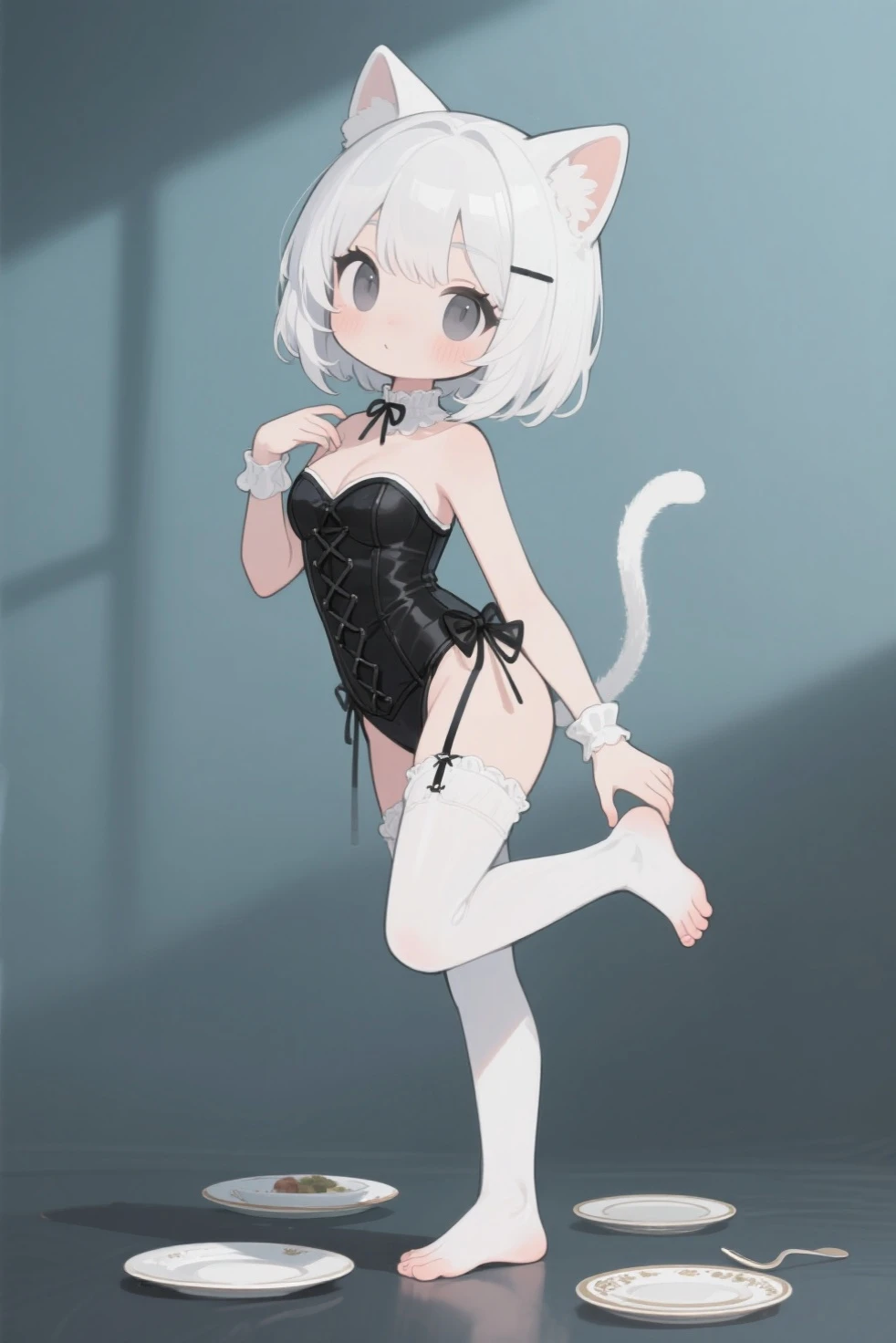 1girl, animal ears, bangs, bare shoulders, black choker, black leotard, black pantyhose, breasts, choker, cleavage, cross, eyes visible through hair, fake animal ears, fake tail, full body, grey background, grey hair,  hair between eyes, kneeling, large breasts, leotard, looking at viewer, medium hair, pantyhose, pointy ears, rabbit ears, rabbit tail, red eyes, smile, solo, strapless, strapless leotard, tail,  white hair, wrist cuffs