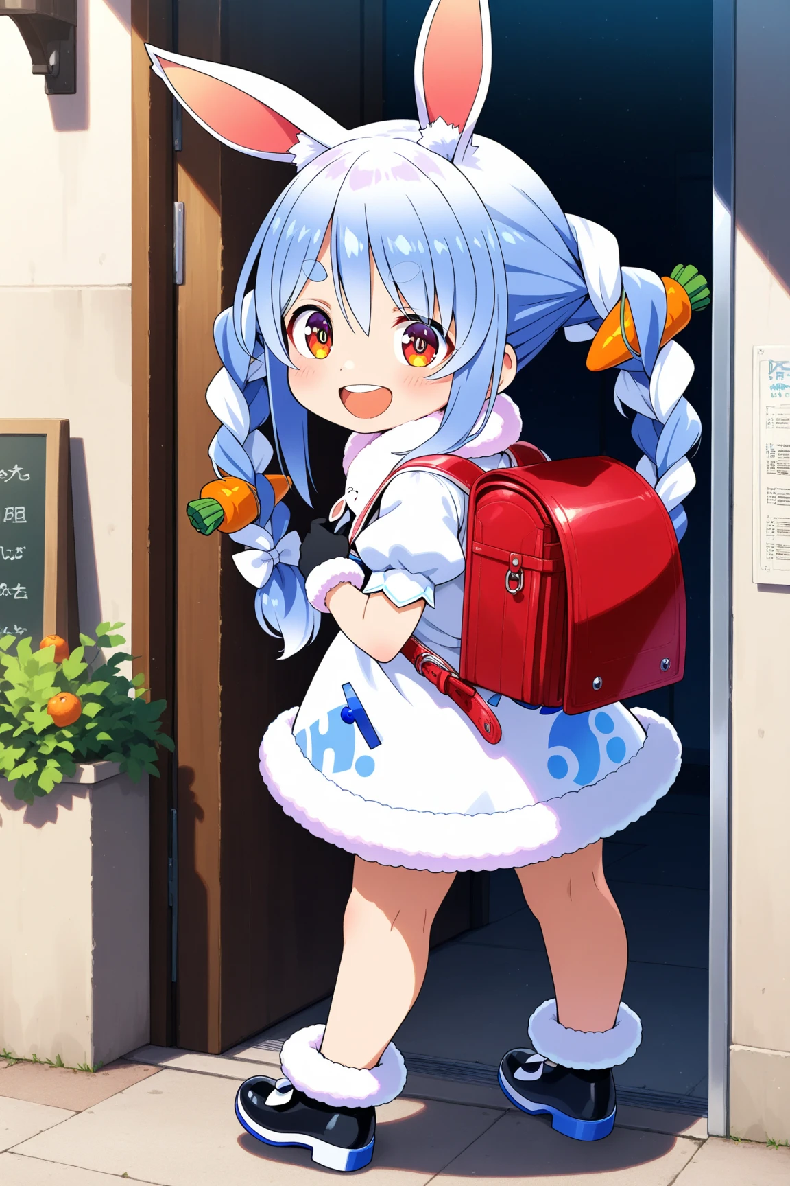 masterpiece,best quality,<lora:Haruna(Majsoul)-000007:0.7>,Majsoul,Haruna,Haruna_cafe,1girl,solo,standing,full body,open mouth,happy,light blue hair,orange eyes,white cat ear hairband,ahoge,red necktie,neck bell,yellow cardigan,(white dress),white thighhighs,brown boots,flat chest,(arms behind back:1.2),