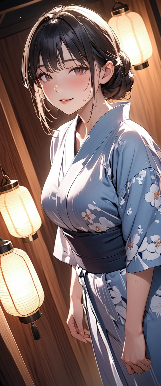 (((HD photo))), ultra high res.photorealistic:. 1.4, UHD, masterpiece, trending on artstation, full body, closeup of face and cleavage, 1girl, pretty, cute face, most beautiful in the world, soft, delicate, (very short hair, blonde:1.3), cute breasts , (wearing printed traditional yukata, holding a Japanese paper fan), facial expression is very happy and smiling , (detailed background is the Japanese summer festival at night),