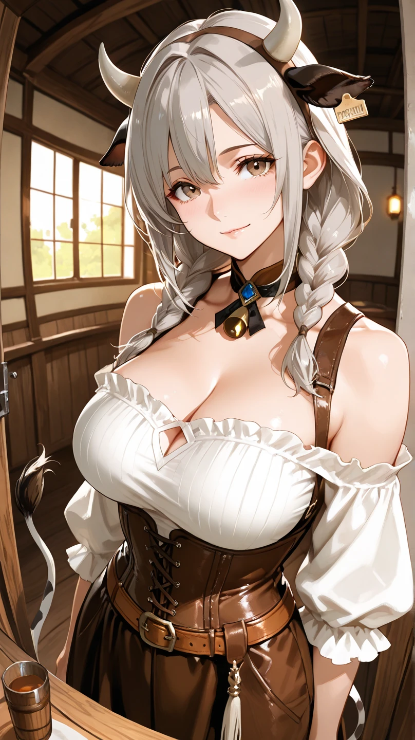 (High quality, High resolution, Fine details), Realistic, fantasy world, Medieval Tavern, Waitress, cat ears, solo, curvy women, White hair, sparkling eyes, (Detailed eyes:1.2), (big smile), blush, Sweat, Oily skin, shallow depth of field
