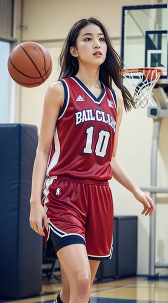 ((Top Quality, 8k, Masterpiece: 1.3)), (kneeling on the floor, open legs :1.2), Perfect Body Beauty: 1.4, large_breasts, Beautiful Woman, 1 Woman, Big: 1.4, Slender Figure: 1.1, Toned Abs, Dark Brown Hair, (basketball, Wet Body, basketball Uniform: 1.1), Ultra Detailed Face, Detailed Lips, Detailed Eyes, Double Eyelids, wide-eyed eyes, clear sky, basketball_stadium, basketball field,