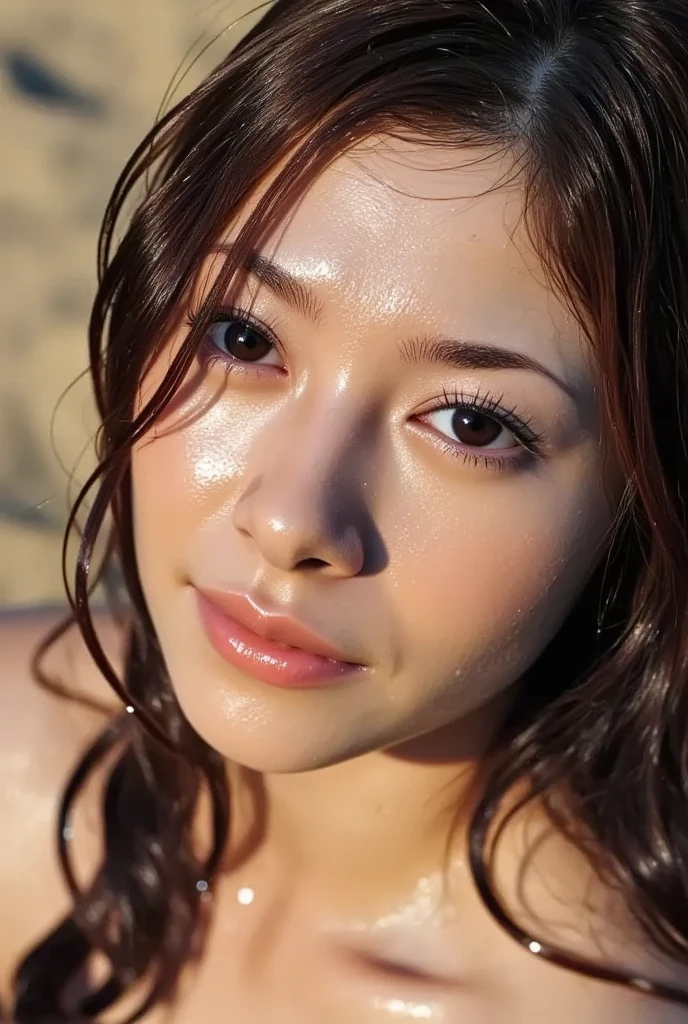 (Summer beach、Seaside、standing by the beach:1.2、Resort、blue sky、Beautiful sea)、(whiteＴshirt:1.4、bikini:1.3、Sandals)、the wind is strong、(Realistic、Like a photograph、Live Action、8K, Realistic, RAW Photos, Best image quality: 1.4), Single-lens reflex camera、RAW Photos, Highest quality, Realistic, Highly detailed CG Unity 8K wallpaper, Written boundary depth, Cinematic Light, Lens flare, Ray Tracing, Realistic background、((ultra high density skin))、 A teenage girl traveling in Okinawa,Cute Japanese、Close-up:1.5、Kissing Face)，avert your eyes:1.1、(Straight Long Hair:1.2、My hair flutters in the wind:1.1)、I like that style、stylish、Very detailed、Pay attention to the details、Perfect outfit、(Sunburned skin)、Abdominal muscles:1.1，View from above、Accurate hands、Accurate legs、Detailed hands and fingers、Anatomically correct body、Do not mix arms and legs、Super detailed face