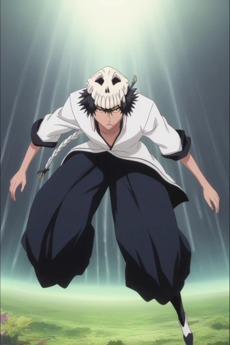(absurdres, highres, ultra detailed),(Masterpiece, best quality:1.2),1man,arrancar, skeleton mouth piece, long sleeves, simple background, wallpaper 8k,sword on waist, absolutely stunning art, extremely detailed, serious look,white jacket, black sash, white hakama, black tabi, white zōri