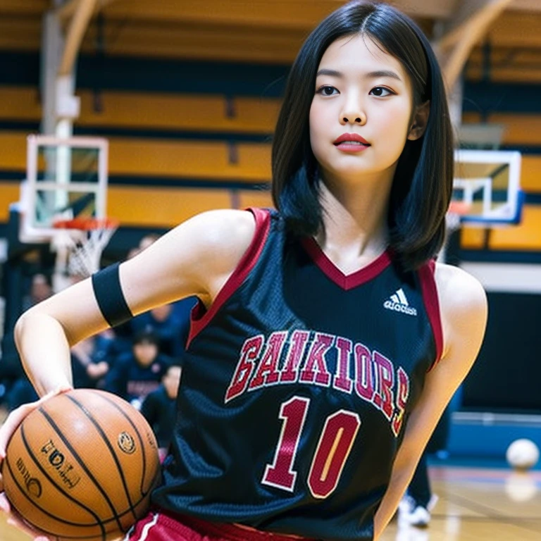 (8K、top-quality、masterpiece:1.2)、(realisitic、Photorealsitic:1.37)、ultra-detailliert、top-quality、超A high resolution、From head to thigh、professionally lit、Photon mapping、Radio City、physically-based renderingt、Cinematic lighting、Basketball court,Gymnasium、depth of fields,Focusing,Sun'rays,Good composition,(Bokeh:1.2),女の子1人,(full body Esbian),(Keep your mouth shut),Beautiful eyes,the pose,Constriction,Basketball Uniforms,A dark-haired,poneyTail,(ulzzang-6500:1.2) mix4, hiqcgbody