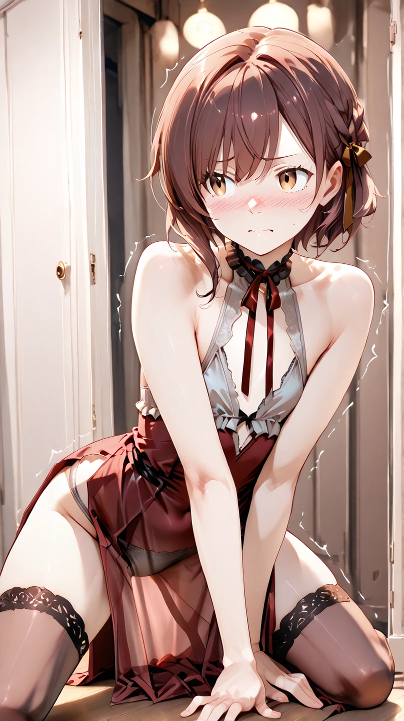 ((nsfw)),tits outside、((Browsing Caution)),One Girl,((Redhead, Short Ponytail, )),Small breasts,Cute face、、solo, outside、Browsing Caution,(Spread your legs),(((Maid style swimsuit))),はずかしCute face,smile,Tabletop, Very nice and beautiful,Realistic, (on stage),