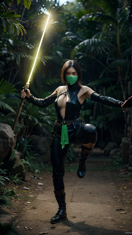 actess ((Rosario Dawson)) as Jade from Mortal Kombat, wields long staff, Bojutsu, green ninja mask that covers the lower half of her face, form-fitting green bodysuit, green stockings, high heels, black braiding braids ponytail, intricate, high detail, sharp focus, dramatic, photorealistic painting art by greg rutkowski