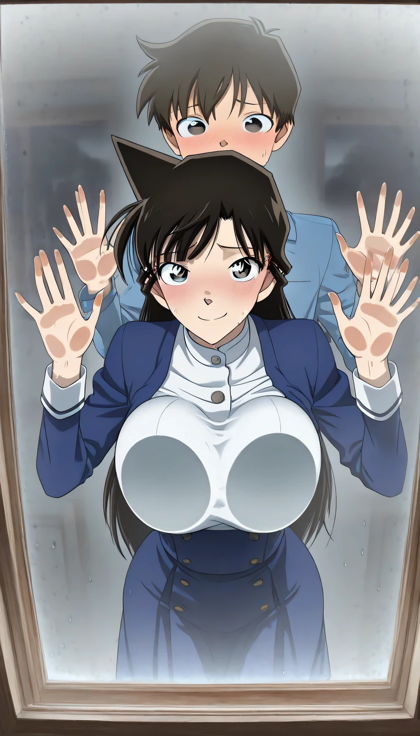 (1 female:1.05), (1 person:1.05),Aristocratic style, Little elementary school boy,Boy behind woman、Beautifully shaped modest bust,{breast_ press } ,glass, window, {{{body against glass, breasts against glass,sweaty, window, breast press window,shy smile,embarrassing expression,the expression of pleasure, breast press , press ed against a window, hand on window, against glass}}},Dressed, uniform,gets banged by a short elementary school boy,Height Difference,rapes,sex,back sex, lean forward ,( Look in front of the bangs :1.5),despair,in their 40s , Mouri Ran , long hair, black hair,