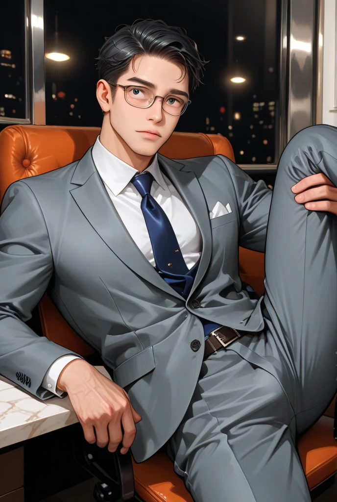 1boy, 16~20 years old, male focus, muscular male, nsfw, 3D, realistic, indoor, normal hue, central, golden ratio, sitting on the leather throne, sharp-featured body, tall, burly, highres, slender build, perfect anatomy, skin texture, thick dark buzzcut hair, see-through bangs, shallow eyebrow, symmetrical eyebrow, large bright eyes, symmetrical eyes, square gold-rimmed glasses, big straight nose, closed mouth, double-edged polearm, broad shoulders, noble attire, bdominal stretch, tight-fitting, leather collar, stand-up collared shirt, necktie, waistcoat, open thickened glossy dark leather jacket, six-pack abs, leather gloves, black trousers, leather belt, spreading long thin legs, <lora:OnlyCocks_v1.0:0.5>, large erect penis over 10 inches length and 3 inches width, erection, large scrotum with testicles, masturbation, high-heeled leather boots, soft smile, handsome, powerful, from front, looking ahead at viewer, day, masterpiece, best quality, hyper-detailed, intricate detail, professional photography, matte, bright, the most beautiful ever seen, post processing, dreamatic lighting, ambient lighting, epic composition, ultrawide shot, uplight, raytracing reflections, depth of field, gorgeous background <lora:1.TearsOfThemisArtem_v1.0:0.5>