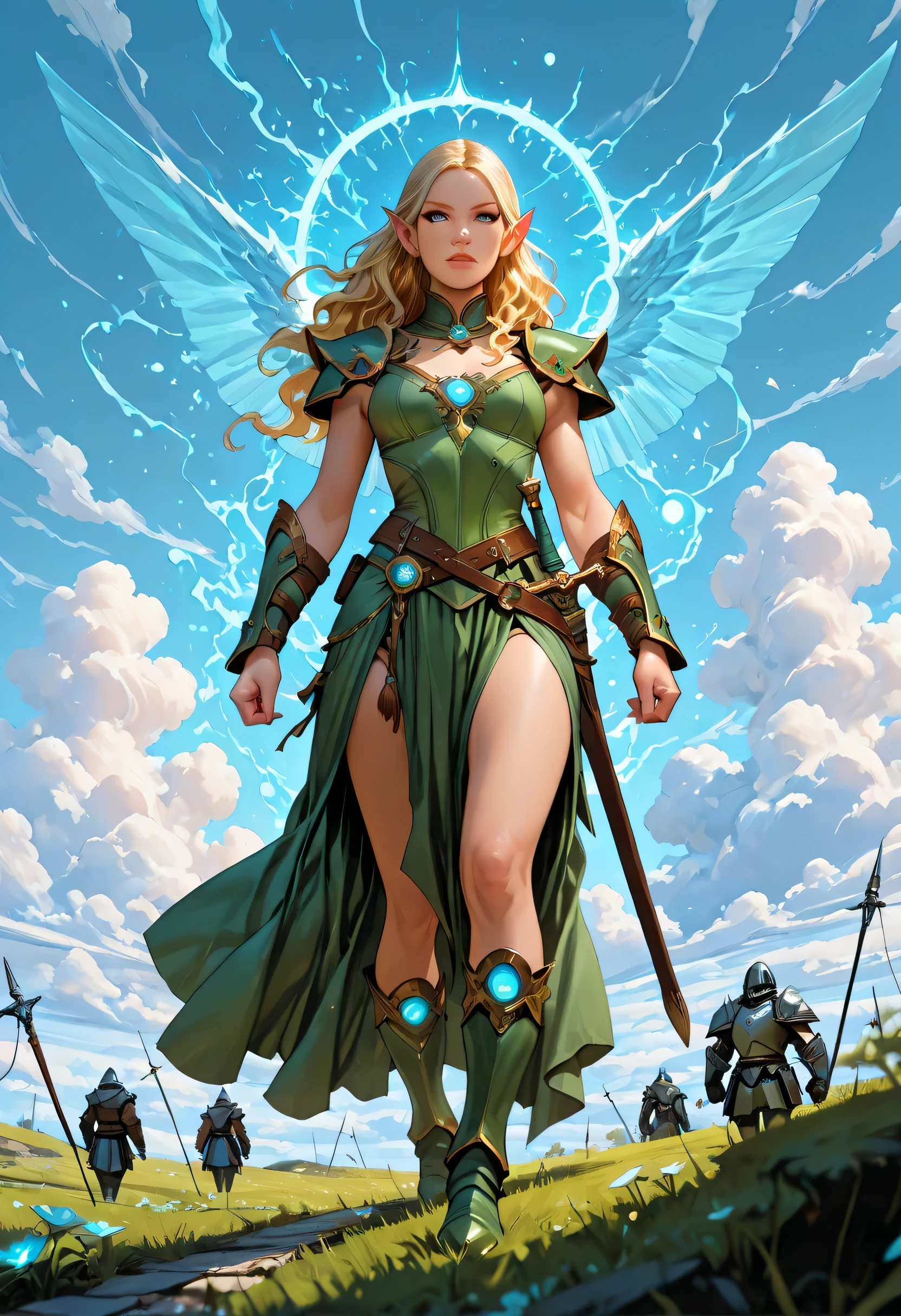 wallpaper of an elf knight, elf warrior, princess knight, shinning knight, ready for battle, female elf (intense details, Masterpiece, best quality), full body ultra detailed face, ultra feminine, fair skin, exquisite beauty, gold hair, long hair, wavy hair, small pointed ears, dynamic eyes color, wearing heavy mech armor, shinning metal, armed with elven sword, green meadows, blue skies background and some clouds, depth of field, high details, best quality, 16k, [ultra detailed], masterpiece, best quality, (extremely detailed), photorealistic, , fantasy art, dnd art, rpg art, realistic art, a wide angle, (intricate details, Masterpiece, best quality), full body (intricate details, Masterpiece, best quality), high details, best quality, fantasy, glowing, ember