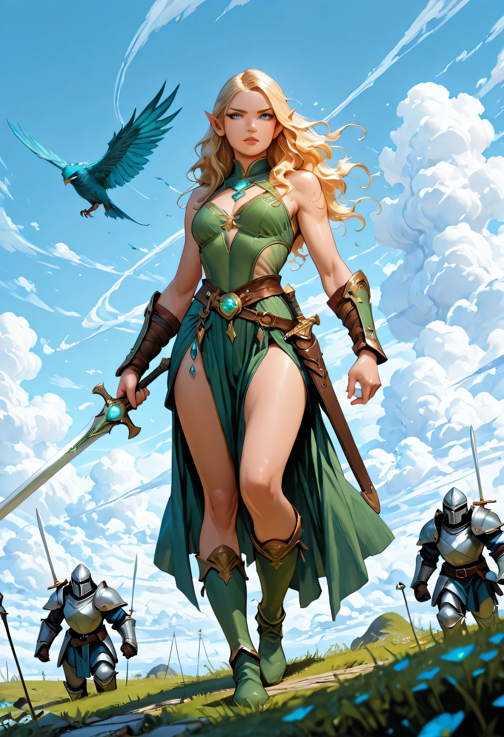 wallpaper of an elf knight, elf warrior, princess knight, shinning knight, ready for battle, female elf (intense details, Masterpiece, best quality), full body ultra detailed face, ultra feminine, fair skin, exquisite beauty, gold hair, long hair, wavy hair, small pointed ears, dynamic eyes color, wearing heavy mech armor, shinning metal, armed with elven sword, green meadows, blue skies background and some clouds, depth of field, high details, best quality, 16k, [ultra detailed], masterpiece, best quality, (extremely detailed), photorealistic, , fantasy art, dnd art, rpg art, realistic art, a wide angle, (intricate details, Masterpiece, best quality), full body (intricate details, Masterpiece, best quality), high details, best quality, fantasy, glowing, ember