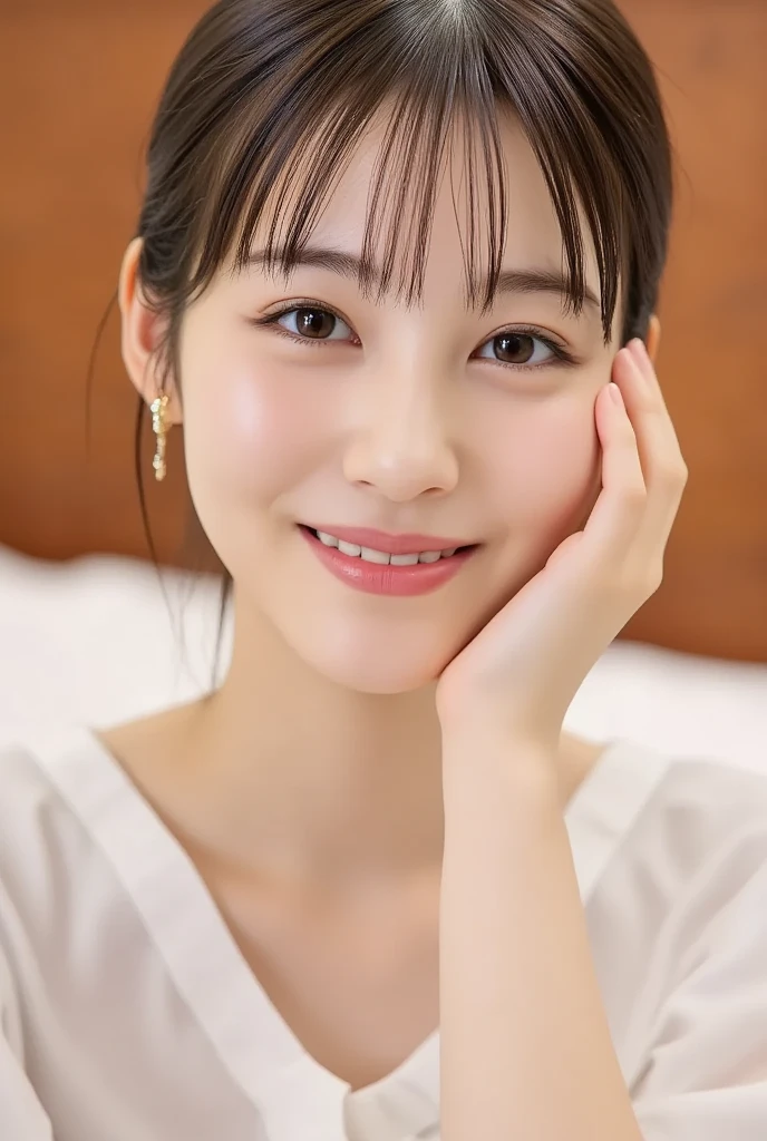 ((Highest quality、Tabletop、High resolution))、(masterpiece:1.6),(Zoomed photo from the front:1.95),(Pose to invite men:1.4),Semi-long hair、Black Hair、Twin tails、Small cleavage、(Cute Smile:1.45)、1 beautiful girl、Cute Face、(((Light clothing)))、Beautiful Skin、(Leaning forward:1.2),(Looking up:1.5),Baby Face、Nipples、
