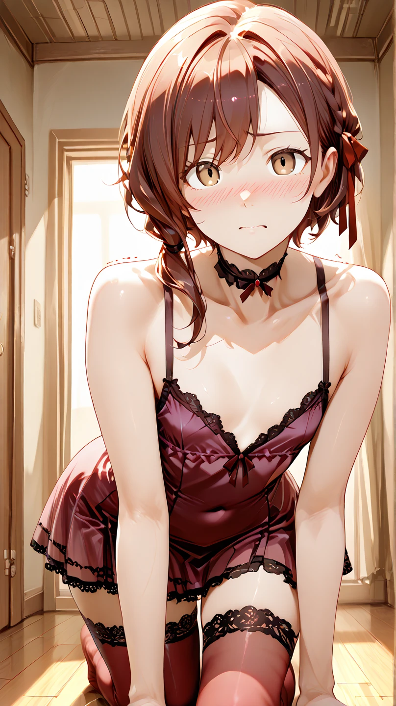 { masterpiece : best quality : high resolution : unity 8k wallpaper : illustration : beautiful detailed eyes : extremely detailed face : perfect lighting : extremely detailed CG } { in a dark creepy room } { sakura : perfectly small shape breast : perfectly fit body standing : lingerie : sitting with feets on the couch : smug face : : looking doen at viewer }