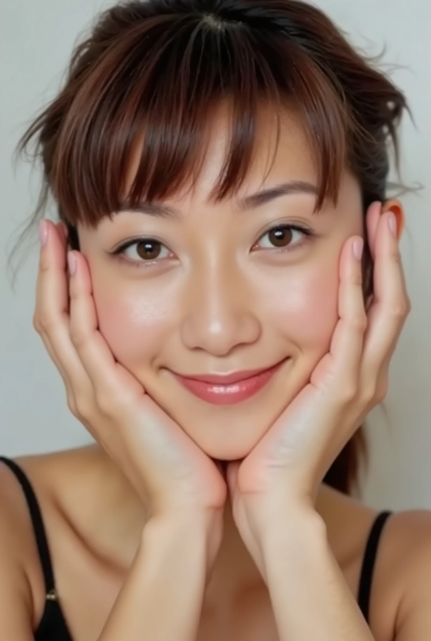 extreme close-up portrait, beautiful girl with her love-struck, radiant face filling the entire frame (95% face ratio), gently placing both open hands on her flushed cheeks with soft fingers, soft black camisole, white blurred background, eyes dreamy and half-lidded, deeply adoring gaze fixed straight at the viewer, irises ultra-detailed with intricate rainbow reflections and glowing catchlights, moist and sparkling eyes as if about to tear up from overwhelming joy, soft melting smile revealing slightly parted lips and upper teeth, skin with visible soft pores, realistic skin texture with warm lighting and subtle shadows, delicate eyelashes, glossy lips with natural highlights, cheeks glowing with deep blush, cinematic soft lighting, lifelike expression full of romantic euphoria, overflowing with happiness, warmth, and pure affection, subtly tilting her head as if whispering a name in total bliss, ultra photorealistic, masterpiece, 8K, hyperreal detail, skin pores, detailed iris texture, cinematic mood