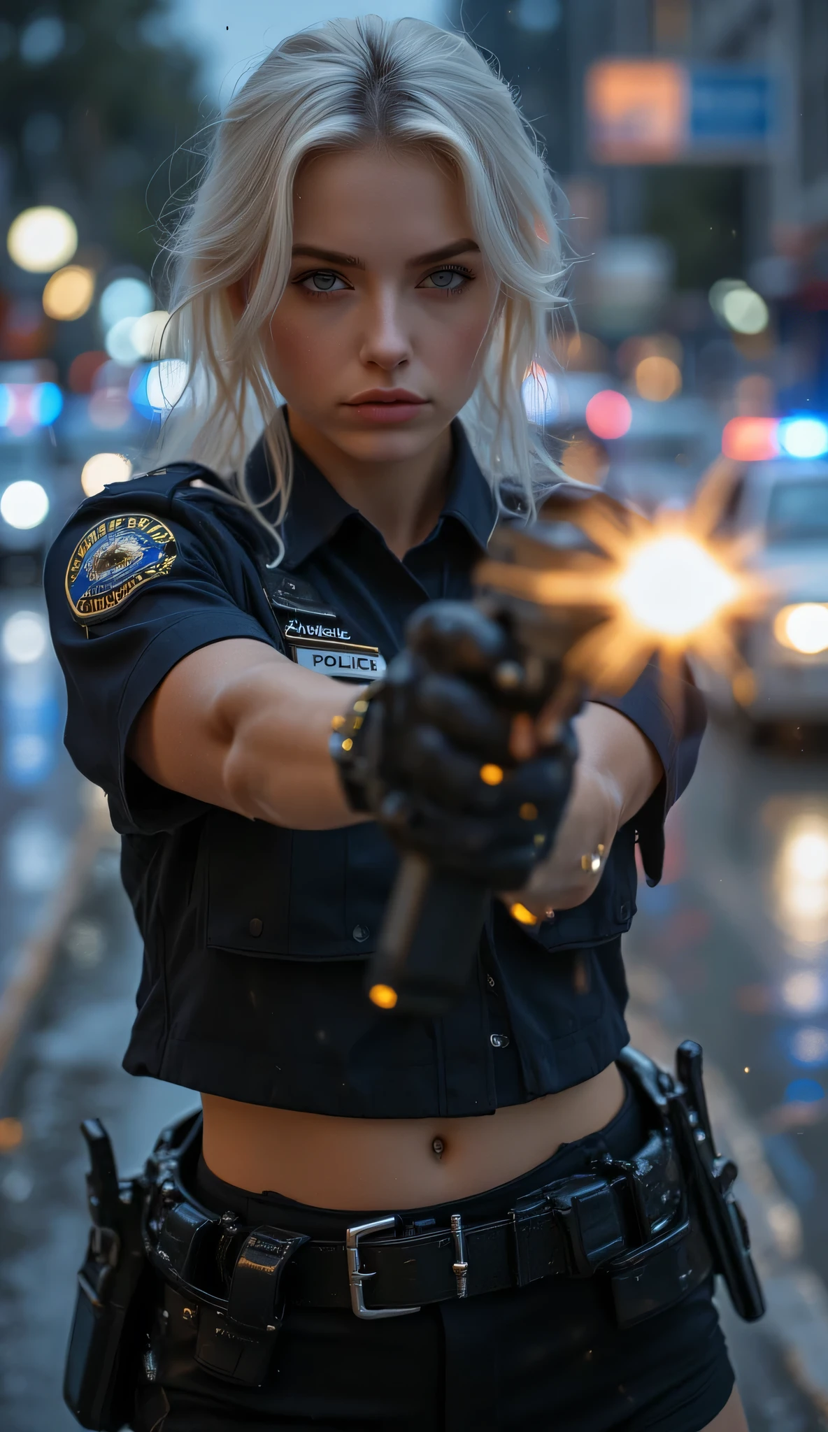 one female, (Police cars), ((Highest quality)), ((masterpiece)), (detailed), ((very detailed face)), High resolution photograph, full body portrait, slim face, pretty woman, (platinum blonde hair), blue eyes, detail eyes, double eyelids, (Beautiful Delicate Eyes and Lips), blurry background, backlight, Good light, (She is on the city streets at night), (A female police officer in her 30s wearing a Los Angeles Police Department uniform, with a police belt that has a gun holster), (She is wearing a miniskirt and standing on the street), she is holding a Semiautomatic Pistol Beretta M9 diagonally in front of her chest, she is holding the barrel with her left hand and pulling the trigger with her right hand index finger, causing a bullet to fire from the muzzle, ((Muzzle flash and muzzle smoke coming out of the gun)), (flames and sparks coming out of the muzzle), Her expression is serious, conveying confidence and responsibility as a police officer, The background features an urban cityscape with a police vehicle visible in the scene, Gold, it's raining, ((Pointing a gun at the camera)), ((miniskirt)), ((Muzzle Flash)),