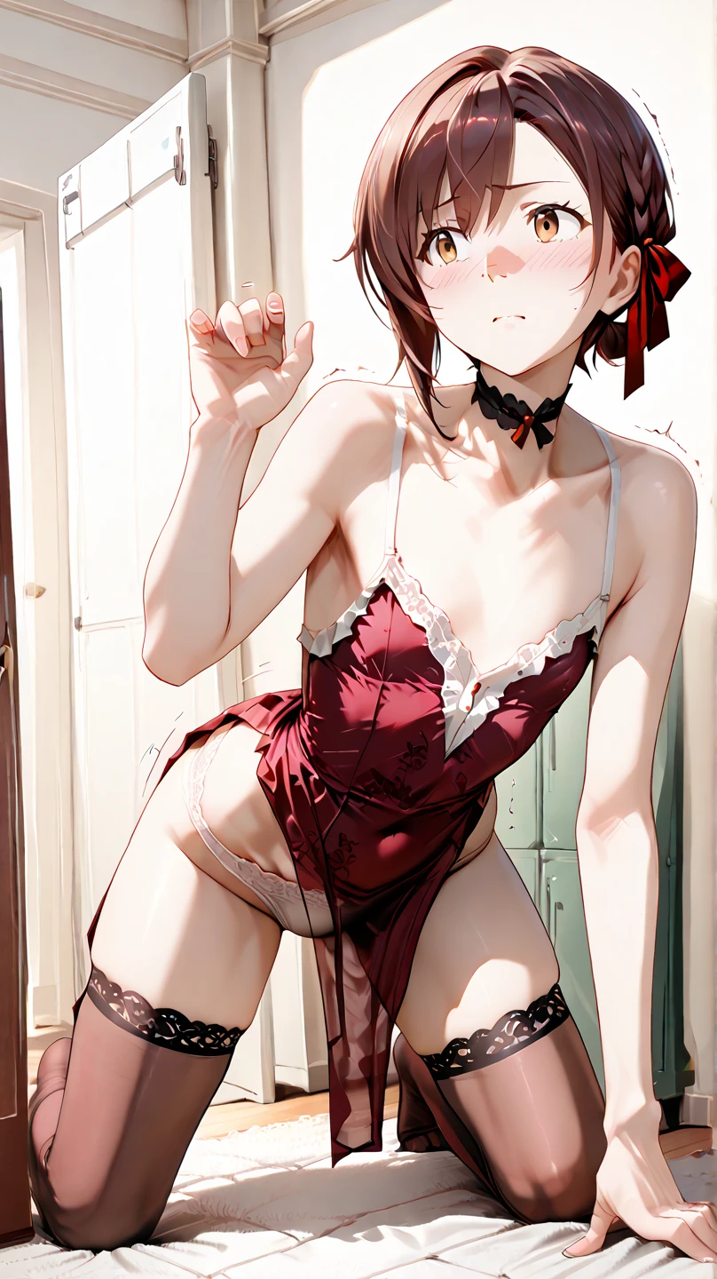 1 girl, alone, yes, Raise your legs high, higuchi_Madoka, Gloves, elbow_Gloves, watching_exist_audience, exist下面wear, curtains, white_Raise your legs high, white_OK, purple_Eyes, watching_Back, OK, crown, white_Gloves, mole, Brown_hair, underwear, mole_exist下面_Eye, breast, window, Red_hair, from_exist后面, curtain_catch, Back, underwear, short_hair, single_hair_OK, Features_Name, blush,