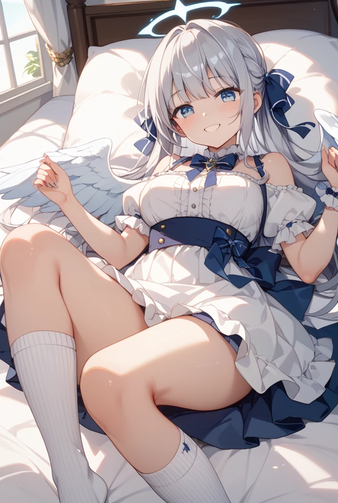 whaite hair,Loli,white stockings,White gloves,Bedrooms,red color eyes,Blue and white dress