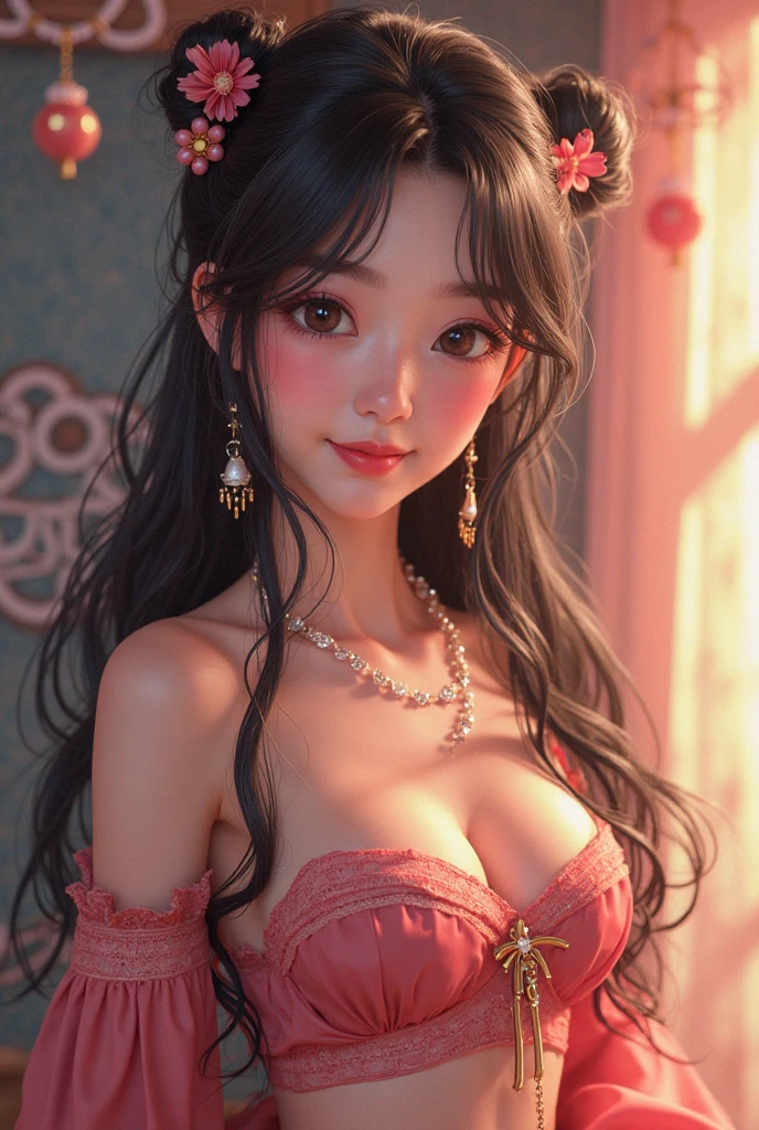Best image quality、8K、masterpiece:1.3))、Realistic high-quality photos、Highest quality、 Beautiful face、Photos of slim models、Beautiful girl model、Young and pretty face、Beautiful model girl、A lovely and delicate face、Black Hair、Beautiful brown eyes、Young Body、Hanfu, (emphasize)、from the front、Camera gaze,、Anatomically correct、胸の谷間をemphasize、whole body