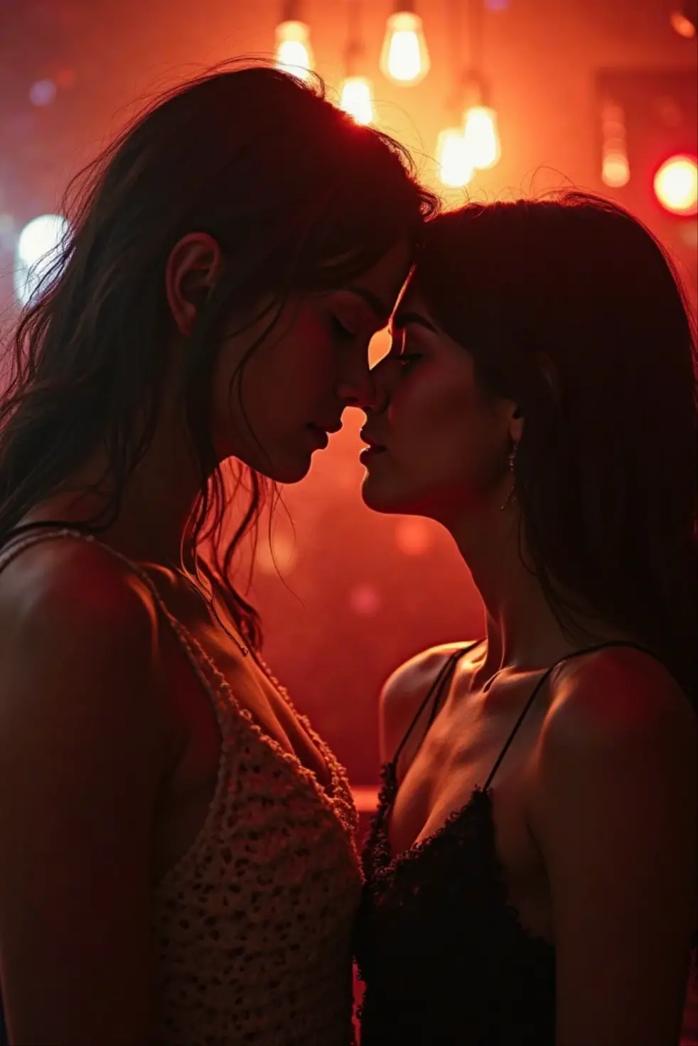 (photorealism:1.2), milf woman kissing teenage girl in a nightclub