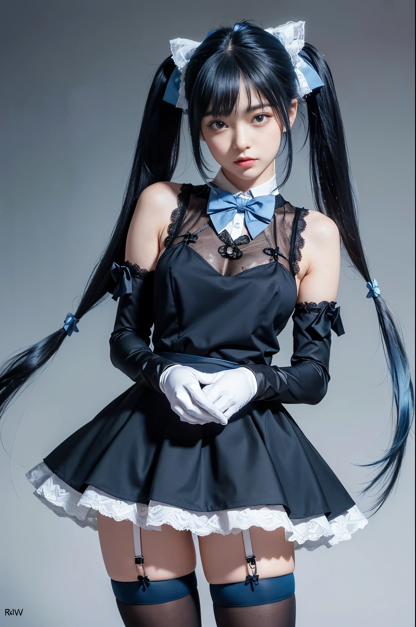 (8K, Raw photo, Best Quality, masutepiece:1.2), high-definition RAW color photography, professional photograpy, (Realistic, photographrealistic:1.37), ((Best Quality)), various attractive posing, full body shot;1.2. 1young girl, asymmetrical legwear, (black bow:1.2), black ribbon, (blue hair:1.5), bow, breasts, gloves,(hair bow:1.3), (very long hair:1.2), simple background, standing, striped bow, thighhighs, white background, white gloves, (lace legwear:1.2), Delicate hands, detailed fingers, five fingers, (one hand pinching the waist:1.3), (twintails:1.3), realhands, nsfw