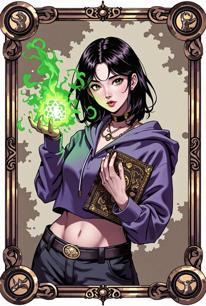 score_9, score_8_up, score_7_up, score_6_up, KJOcattleya, black hair, purple eyes, long hair, parted bangs, BREAK detailed eyes, perfect face, anatomically correct, detailed skin texture, (blush:0.5), (goosebumps:0.5), subsurface scattering, Anime Style, Manga Style, Hand drawn, cinematic, Sharp focus, humorous illustration, big depth of field, Masterpiece, concept art, trending on artstation, Vivid colors, Simplified style, trending on ArtStation, trending on CGSociety, Intricate, Vibrant colors, Soft Shading, Simplistic Features, Sharp Angles, Playful, excessive sweating, sweating profusely, sweating drop BREAK, 1girl, solo, breasts, looking at viewer, large breasts, huge breasts, full body, thighs, boots, groin, book, thigh gap, gem, floating, wide hips, open book, magic, floating object, bare hips, messy room, paper, spotlight, (fantasy illustration:1.3), depth of field, cropped hoodie, black bikini, long sleeves, floating book, gesugao