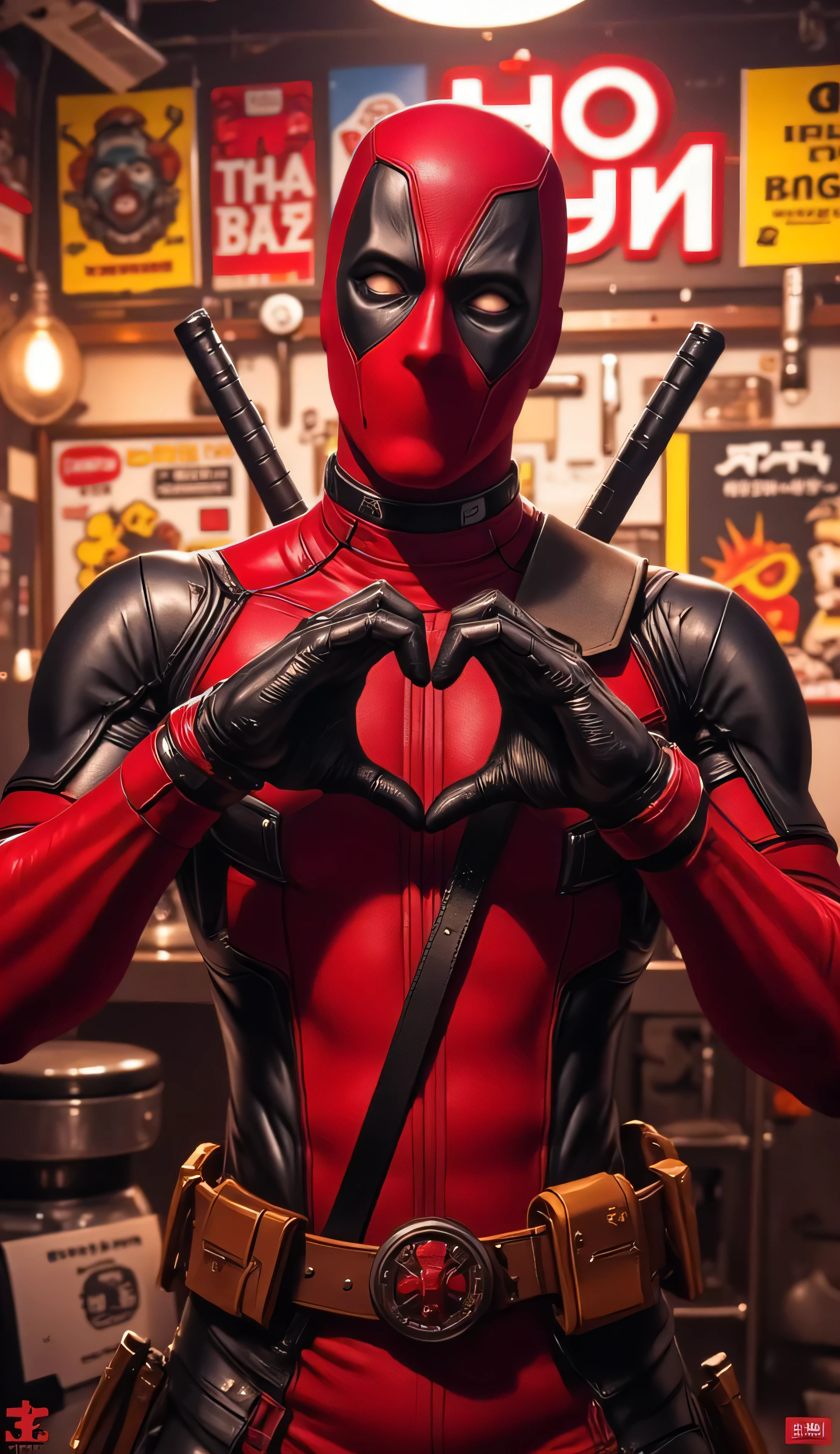 Hyper-realistic 8K cinematic image of Deadpool in a vibrant, comic-style barbershop. Deadpool stands center frame, wearing his iconic red and black suit, forming a heart shape with his gloved hands in front of his chest. His eyes (from the mask) are exaggerated in a playful expression, as if he's flirting with the viewer. The background shows colorful posters, barber tools, and neon lights, slightly blurred to keep the focus on Deadpool. The lighting is warm and theatrical, highlighting the red of his suit and the playful tone of the scene.