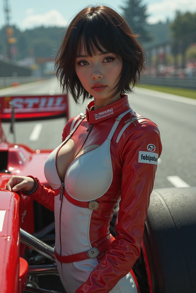 ((Race Queen Woman))、(Big Breasts:1.3)、((Race Queen Outfit))、Blushing、View your viewers、(Reddish brown shiny short hair)、Beautiful fingers、Full body portrait、cute 、Digital Illustration, (Realistic:1.3),(RAW Photos.), (Tabletop,highest quality,Ultra-high resolution output images,) (8K quality,),(Picture Mode Ultra HD,),(Picture Mode Ultra HD)、(((motorsport race venue)))、(On top of a racing car)