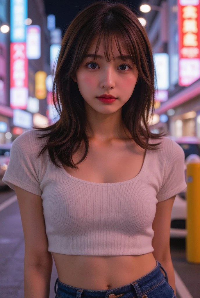 heavily pregnant, young girl, brown hair, hairbangs, short hair, hair tied, ponytail, big belly, button up outfit, necklace, beautiful, blurry background, very dark background, background view of a city at night, flickering lights, middle of night, looking at viewer