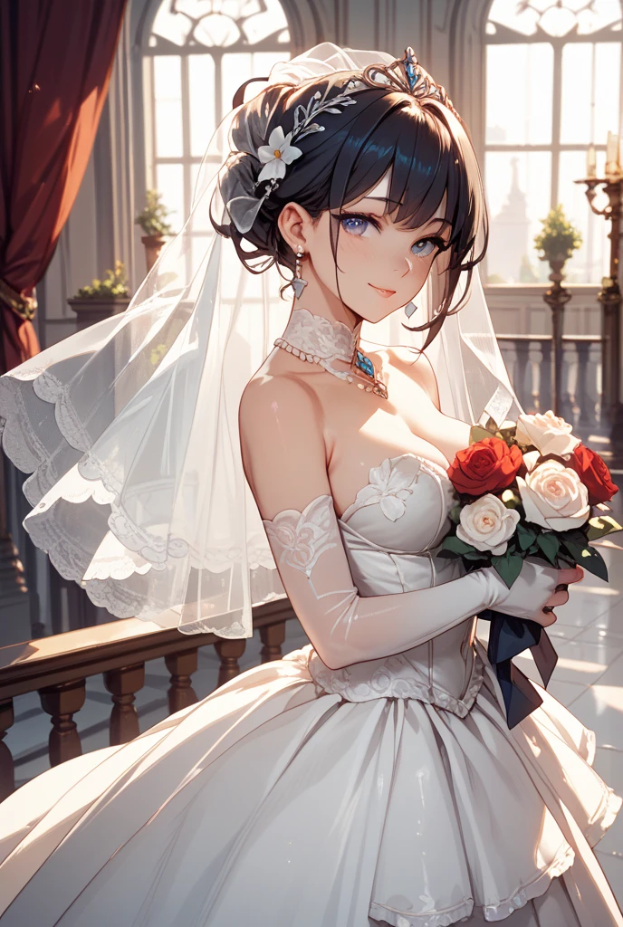 (masterpiece:1.2, top-quality, ultra high res, ultra detailed), (realistic, photorealistic:1.4), beautiful illustration, (natural side lighting, movie lighting), depth of fields,
looking at viewer, bust photo, 1 girl, , perfect face, (perfect anatomy), cute and symmetrical face, baby face, shiny skin, 
(middle hair:1.5, tight pony hairstyle:1.5, light brown hair), asymmetrical bangs, gold eyes, pink lips, long eye lasher, (large breasts:1.3), 
beautiful hair, beautiful face, beautiful detailed eyes, beautiful clavicle, beautiful body, beautiful chest, beautiful thigh, beautiful legs, beautiful fingers, 
detailed cloth texture, wedding mini dress, head flower, headdress, (bandeau wedding dress:1.5), (silk dress:1.2), (strapless wedding dress:1.5), 
plain white dress, necklace, earring, cleavage, bouquet, (lace gloves:1.2), (bridal veil:1.2),(short transparent veil:1.2), 
(beautiful scenery), evening, (wedding park) standing, (happy smile, blush, open mouth small), 