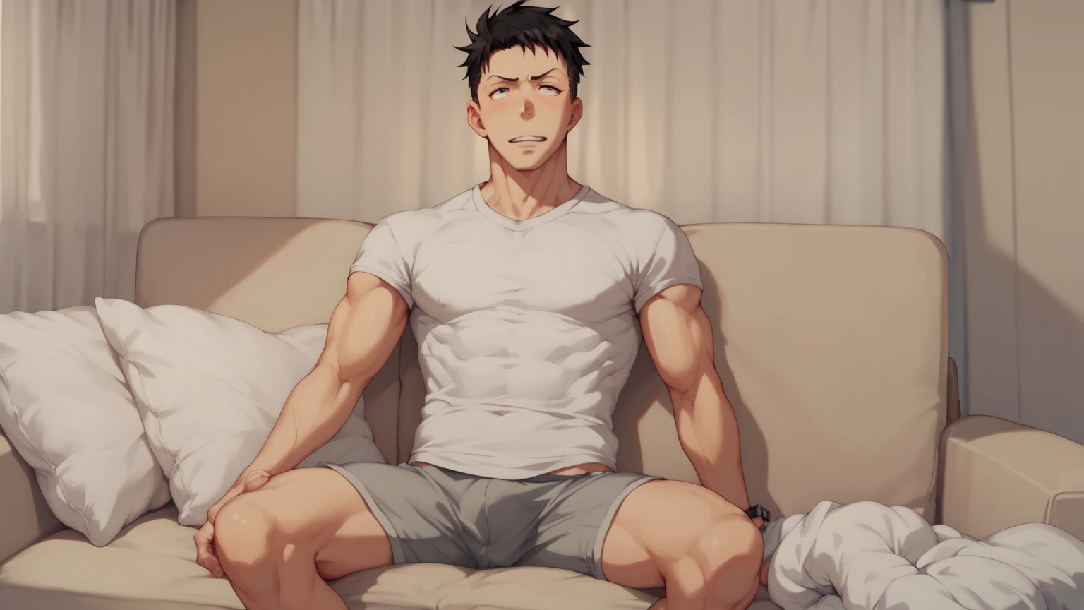 1 boy ,Libido boy,20yr old,Handsome,Raised sexy,k hd, tmasterpiece,8K,White thong,white short socks,massive bulge,A sexy pose,Trembling,full-body view