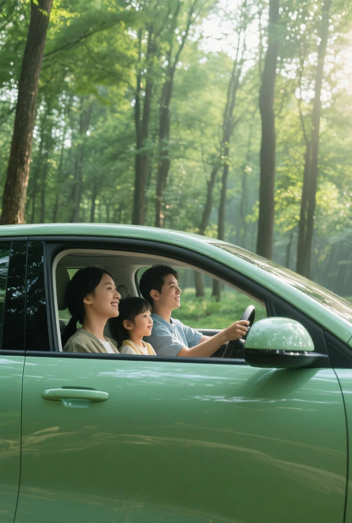 A girl and a boy in a car driving through the forest 