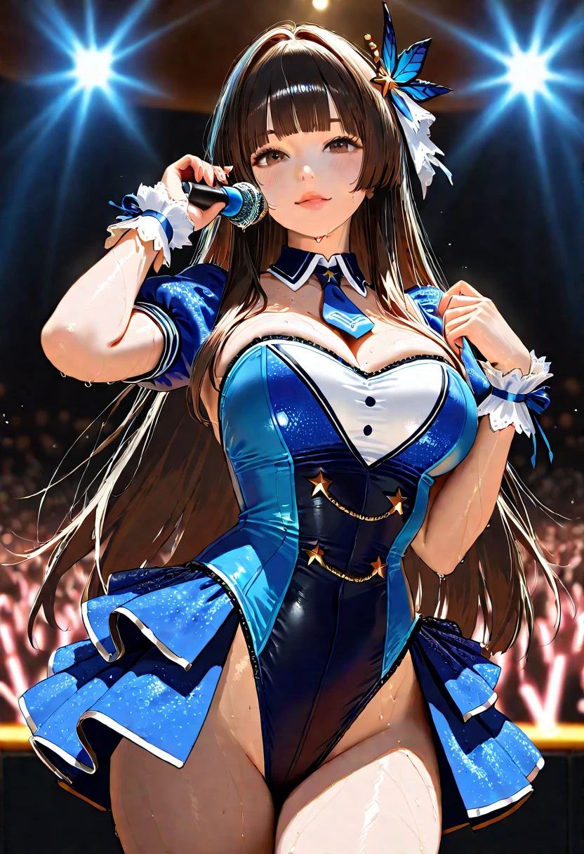 1 female、exact number of fingers、Exact number of legs、Exact number of arms、bangs, ribbon ponytail, brown hair, (blush:1), (put one hand in your panties:1.5), fingering, (pussy juice:1.2), cum in mouth, A woman is holding a microphone and is about to sing、white and navy idol costume、navy blue corset、skirt, (Very luxurious and detailed underwear:1.2), Ribbon at collar, (Light blue lace panties:1.3), (Light blue lace bra:1.2), sexy underwear, Thighhighs、 beautiful big breasts, (erect nipples:0.95), skirtはめくれている、(shirt lift:1), highest quality, High resolution, (detailed and beautiful eyes:1.6), highly detailed face, perfect lighting, Very detailed CG, (perfect hands, perfect anatomy),embarrassed expression、The expression that you are holding back from going to the toilet, (sexual pleasure expression:1.4), (expression of agony:1.2)、close your eyes、sexy look、looked up、mouth half open、Climax、(live stage、audience:1.3)