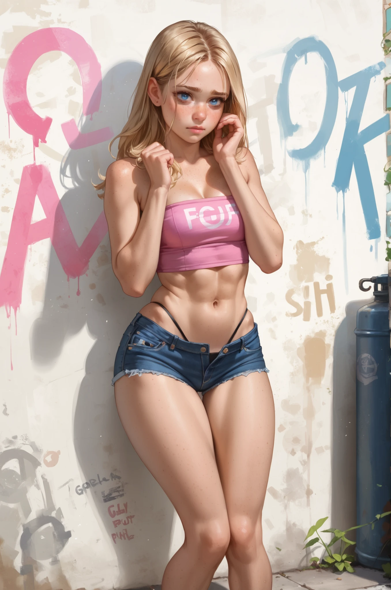 1girl, sexy, young, very young, seductive, blue eyes, freckles, closed mouth, shy face, blonde hair, denim shorts, black thong strings, pink tube top, cleavage, small breast, wide hips, white background, (cartoon style), on a dark alley, dirty wall background, full body, feet out of frame, toned legs, gap between thighs, arms are behind