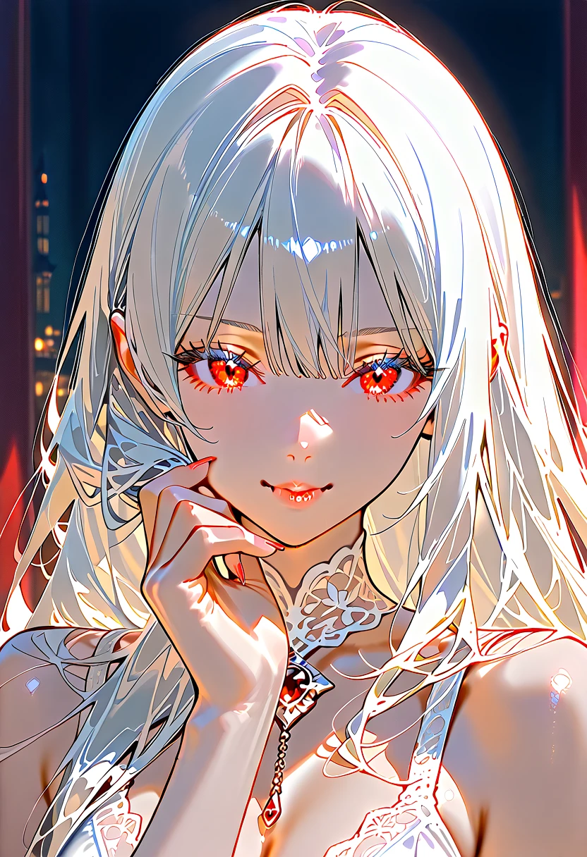 whole body, Gothic red dress, vampire, (in castle), creepy smile, absurdres, RAW photo, extremely delicate and beautiful, masterpiece, Best Quality, ultra high resolution, 32k, hyperrealistic, ultra-detailed, detailed description, pale skin, 20 years old, detailed beautiful face and eyes, tearful mole, earring, Colossal tits, short medium hair, wavy hair,